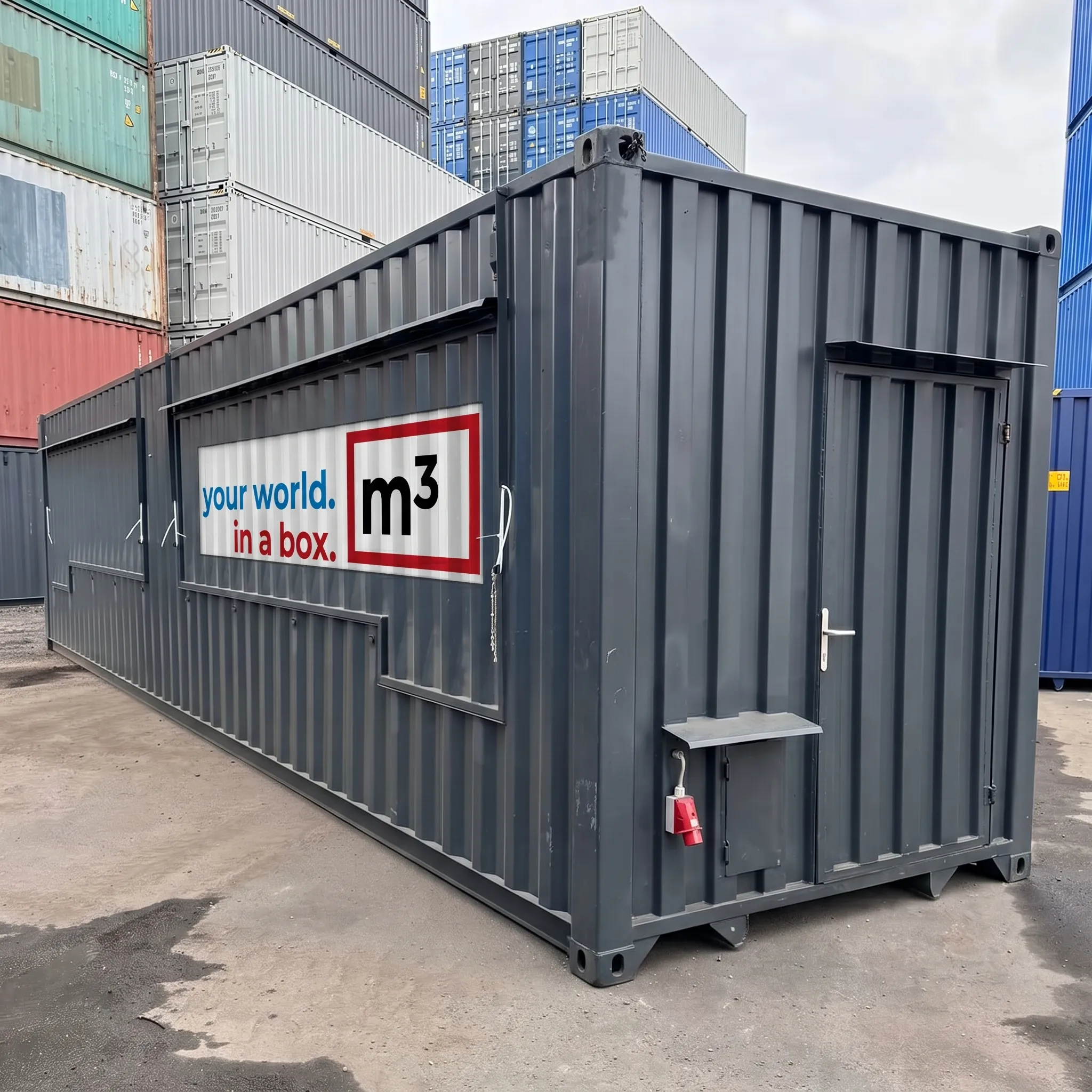 Großer grauer Lagercontainer mit Tür und Schild mit Aufschrift »your world. m³ in a box.«
