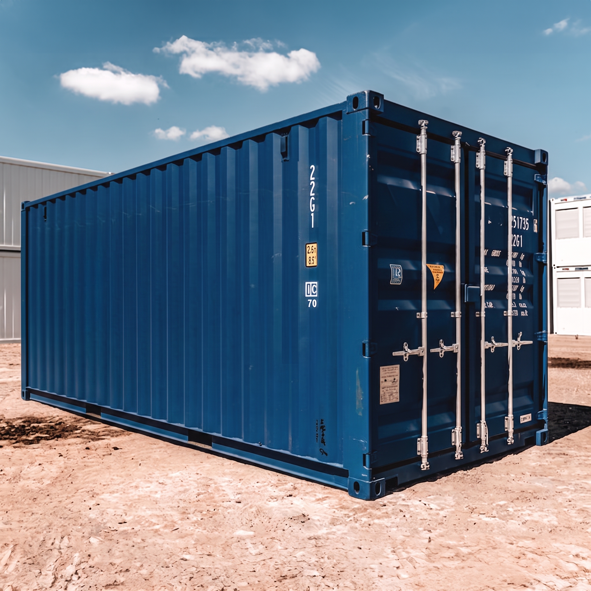 Blauer Seecontainer steht auf sandigem Boden vor einem Industriegebäude unter blauem Himmel.