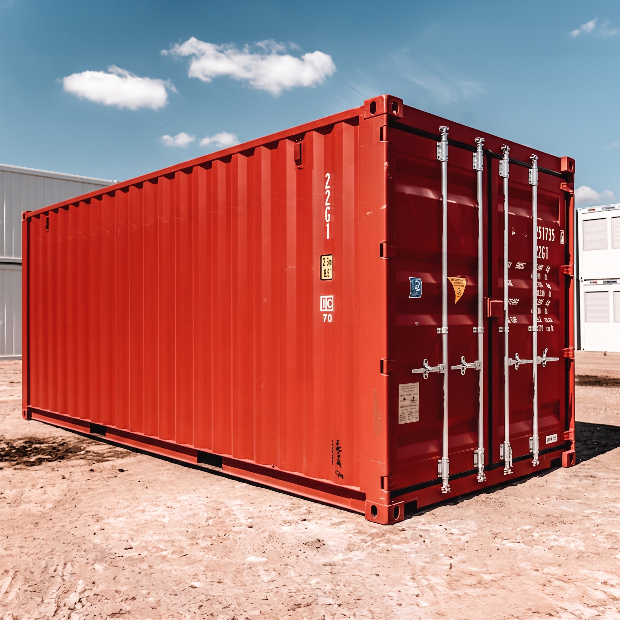 Roter Frachtcontainer auf trockenem Boden unter blauem Himmel mit weißen Wolken.