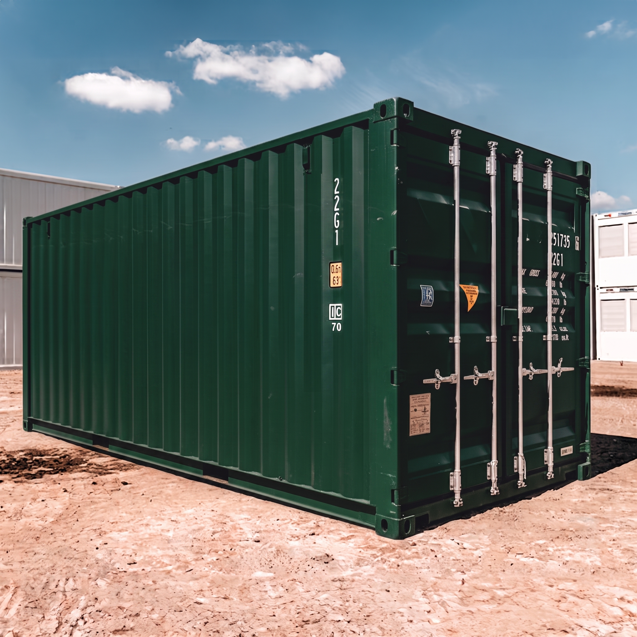 Dunkelgrüner Frachtcontainer auf einer sandigen Fläche unter blauem Himmel mit Wolken.