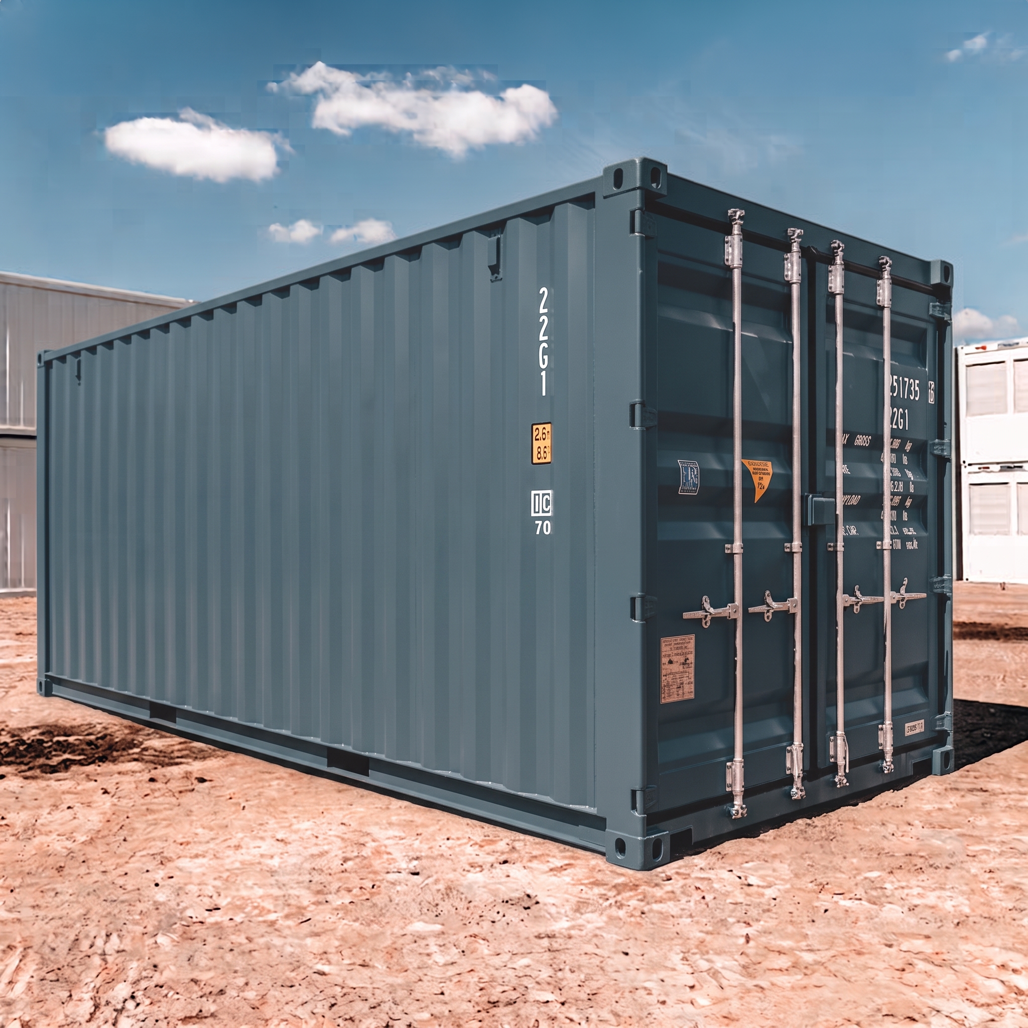 Grauer Seecontainer stehend auf hellem, trockenem Boden unter blauem Himmel mit wenigen Wolken.