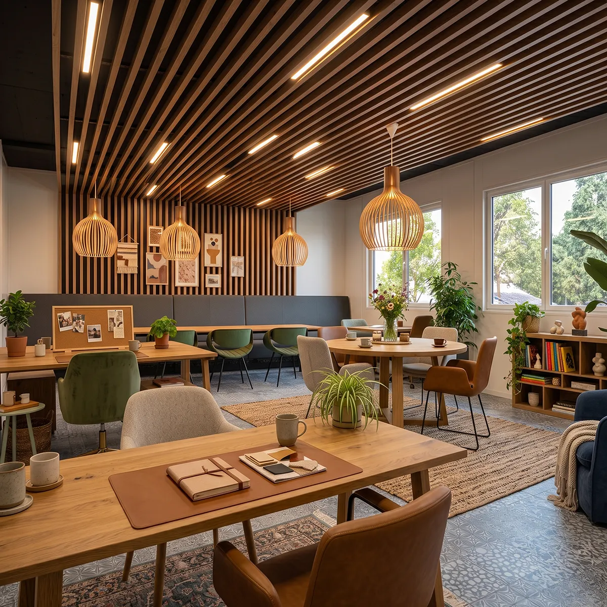 Modernes Büro mit Holzdeckenlatten und warmen Hängeleuchten, mehreren Arbeitstischen mit Stühlen, Pflanzen, Wanddekorationen und großen Fenstern mit Blick ins Grüne.