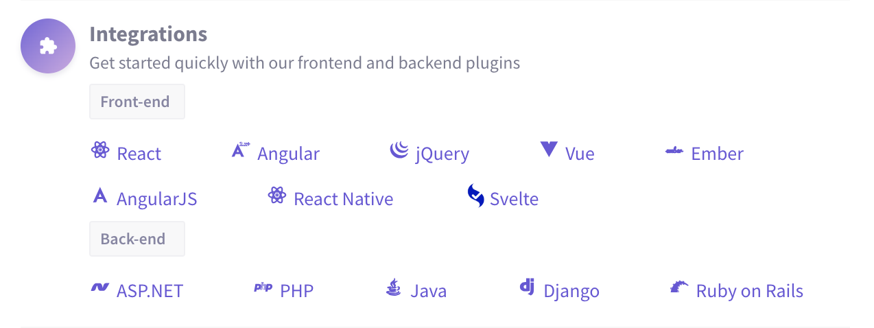 An image depicting front-end and back-end frameworks that can be integrated with FusionCharts.