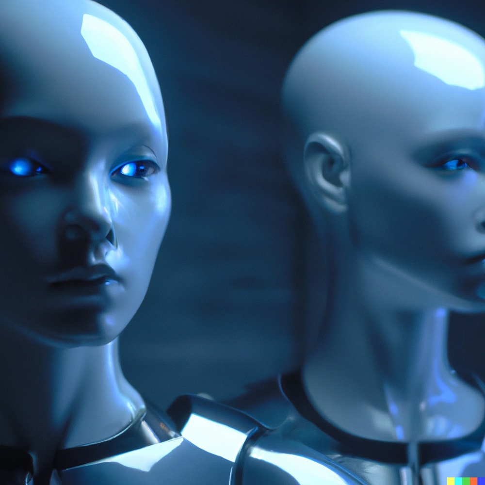 One of my images created with Generative AI showing 2 humanoid robots.