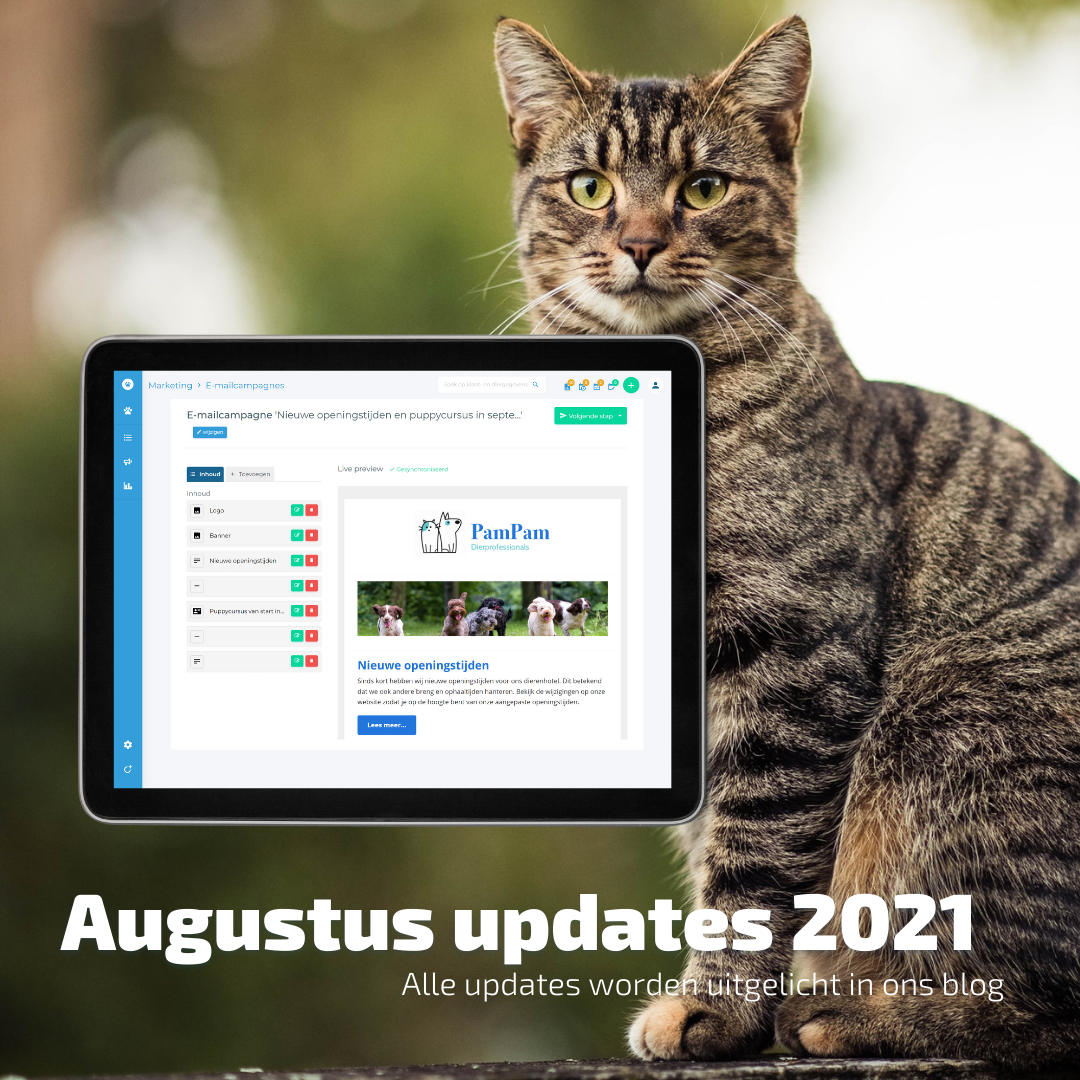 KennelCare updates augustus 2021 met eenvoudig nieuwsbrieven versturen,  kennelkaarten stijlen naar wens en meer!