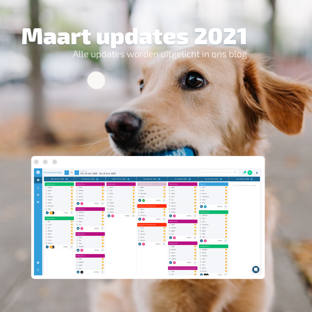 KennelCare updates maart 2021 met: nieuwe vormgeving,  lancering weekkalender,  lancering grootboek en meer!