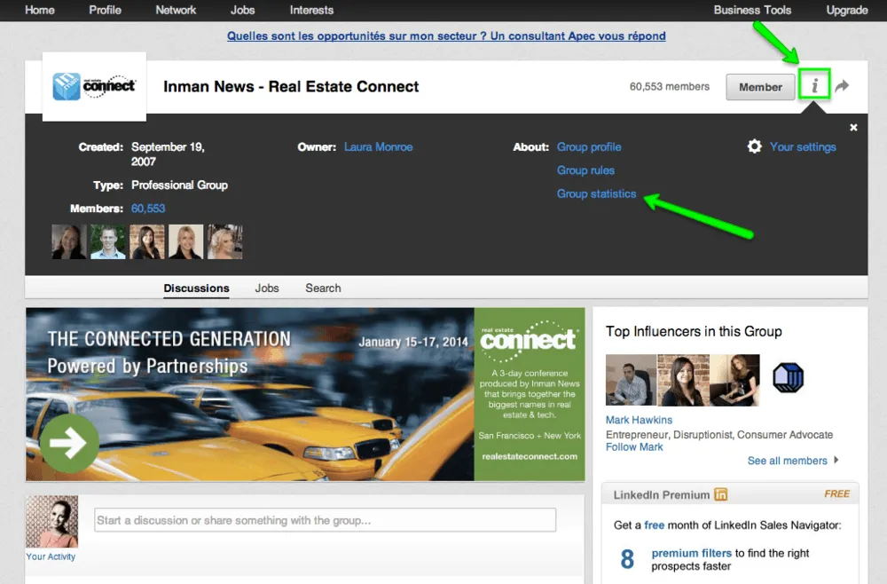 Click to enlarge. How to find LinkedIn Group statistics.
