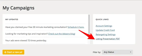 Adwerx quick links dashboard view for listing flyer