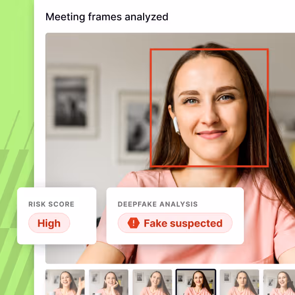Proof Defend AI deepfake detection interface analyzing meeting frames, highlighting a face with a red box, showing high risk score and fake suspected warning for identity verification fraud prevention.
