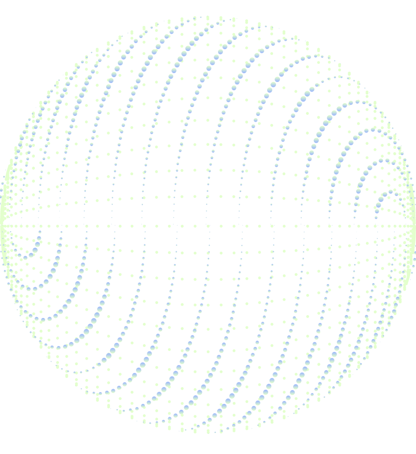 3D digital sphere made of green and blue data points on a black background, symbolizing global network connectivity, blockchain security, and AI-driven digital identity visualization.