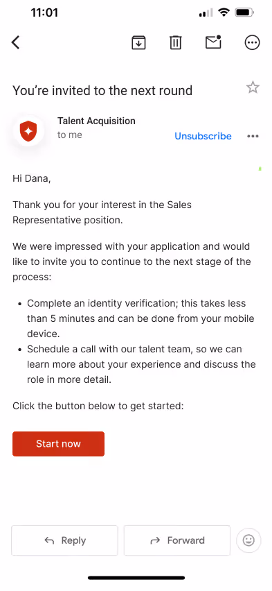 Identity Verification Triggered',  caption: 'Moving to the next round triggers a Proof identity check. Under 5 minutes, no friction for the candidate