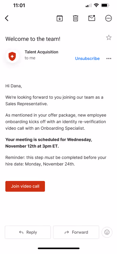 Your candidate receives their offer — with onboarding re-verification already scheduled. The same verified identity, start to finish.