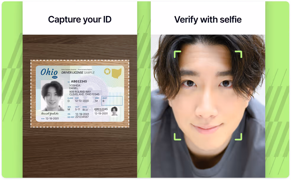 Two-step identity verification with capturing an Ohio driver license and a selfie photo for face verification.