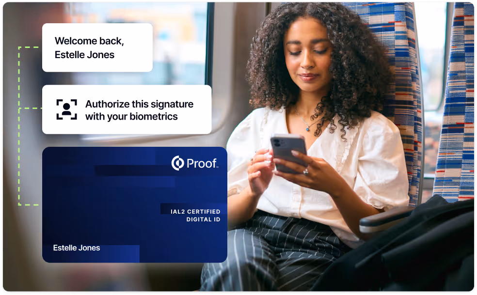 Young woman with curly hair sitting and using smartphone next to digital ID card labeled Proof with Estelle Jones' name.