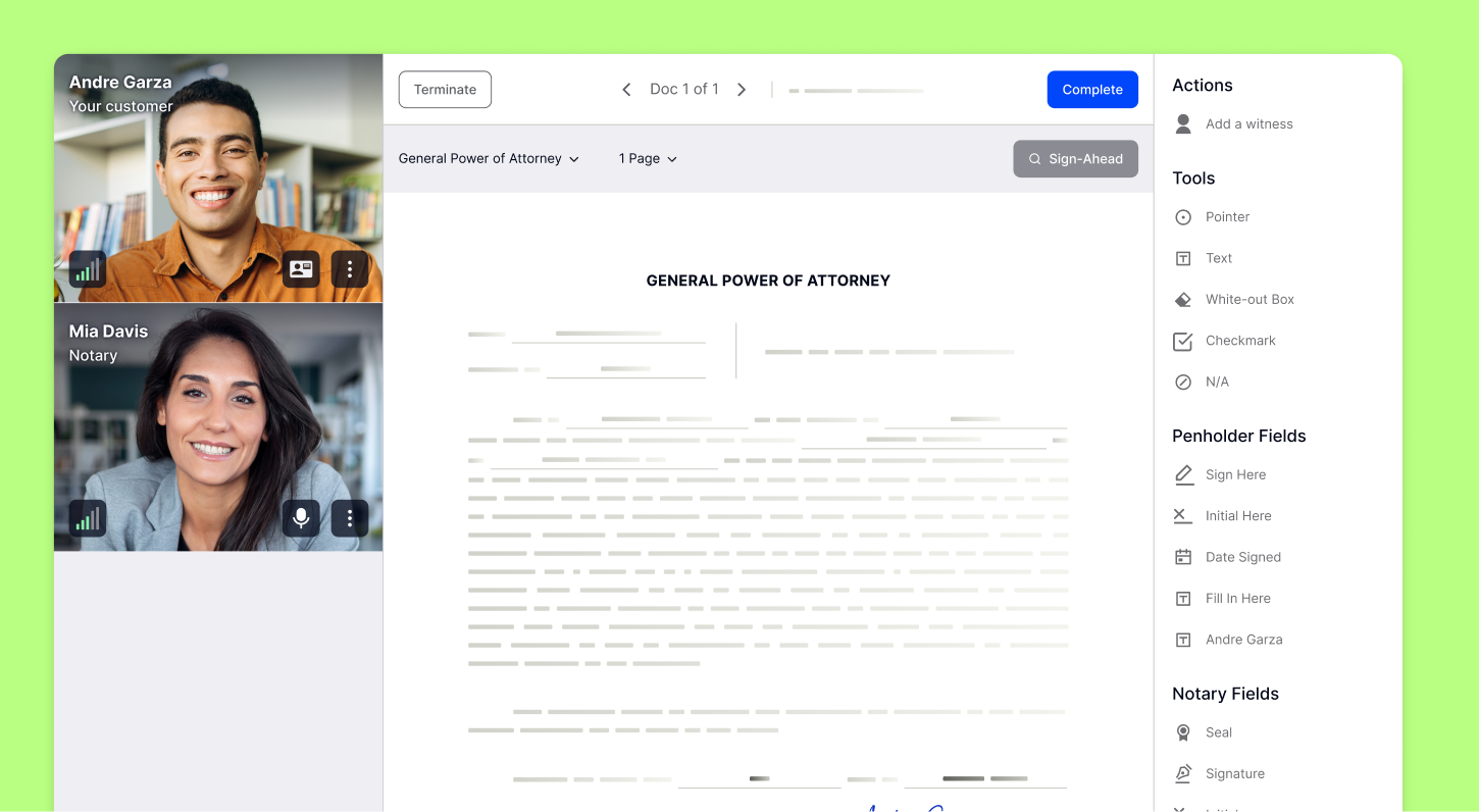A live Proof Remote Online Notarization session executing a General Power of Attorney: signer and notary on video, with notary seal and signature fields.