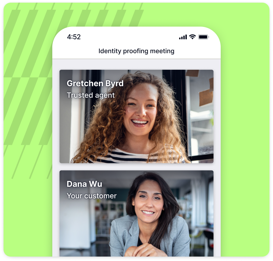 Live identity proofing video call between a candidate and a trusted Proof agent