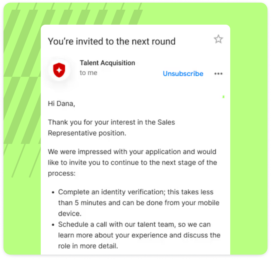 Email inviting a candidate to complete identity verification before their next interview round