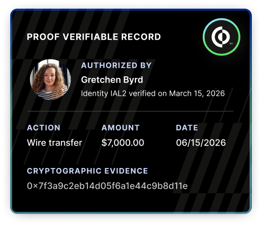 A Proof verifiable record showing a wire transfer authorized by an IAL2 verified identity, with cryptographic evidence