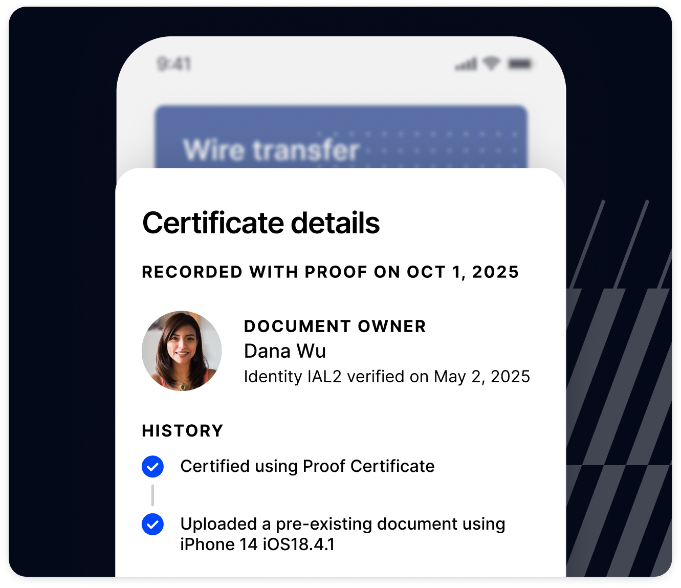 Proof certificate details showing a document recorded on October 1 2025 by an owner whose identity was IAL2 verified months earlier, with a full audit history