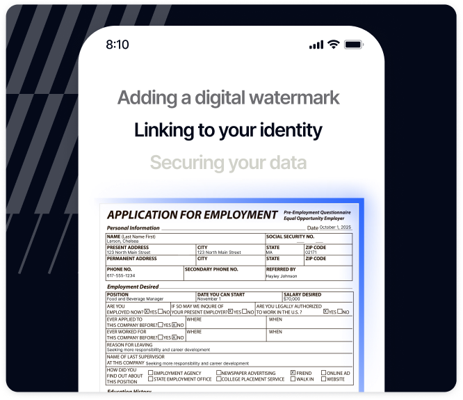 An employment application being digitally watermarked and linked to a verified identity, securing the record