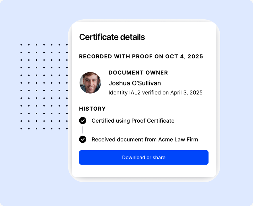 A Proof certificate details record showing the document owner and an IAL2 verified identity