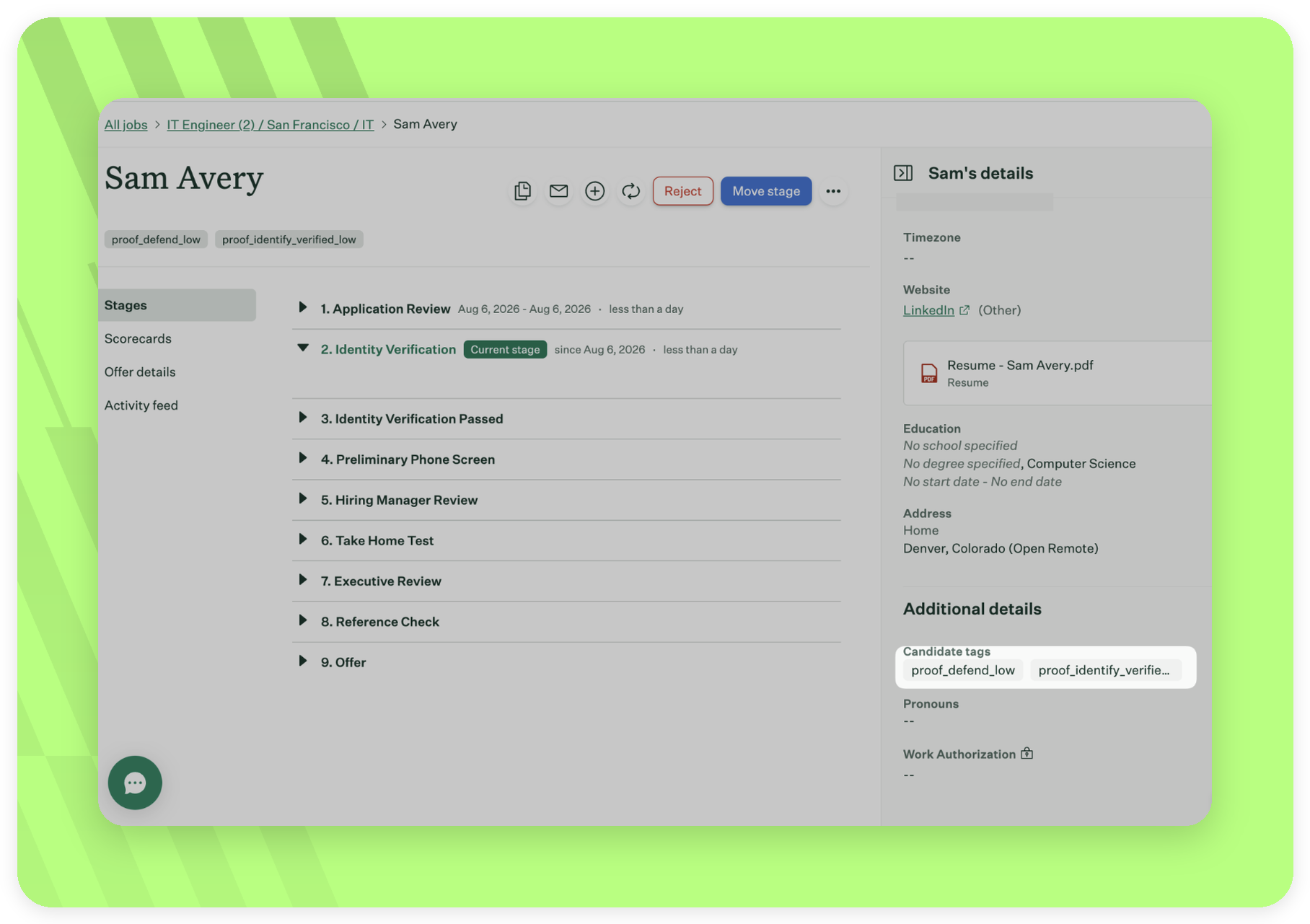 Greenhouse candidate record showing Proof risk and identity verification results as candidate tags