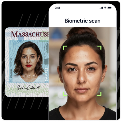 A driver's license next to a phone running a biometric scan