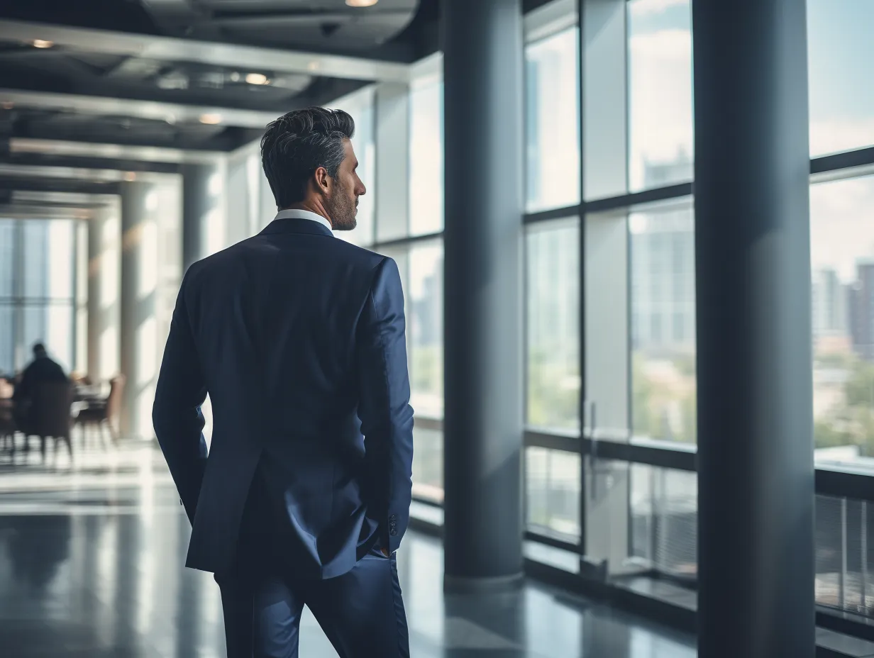 An image of a man in a suit with his hands in his pockets from the back as he looks out the window of the office building
