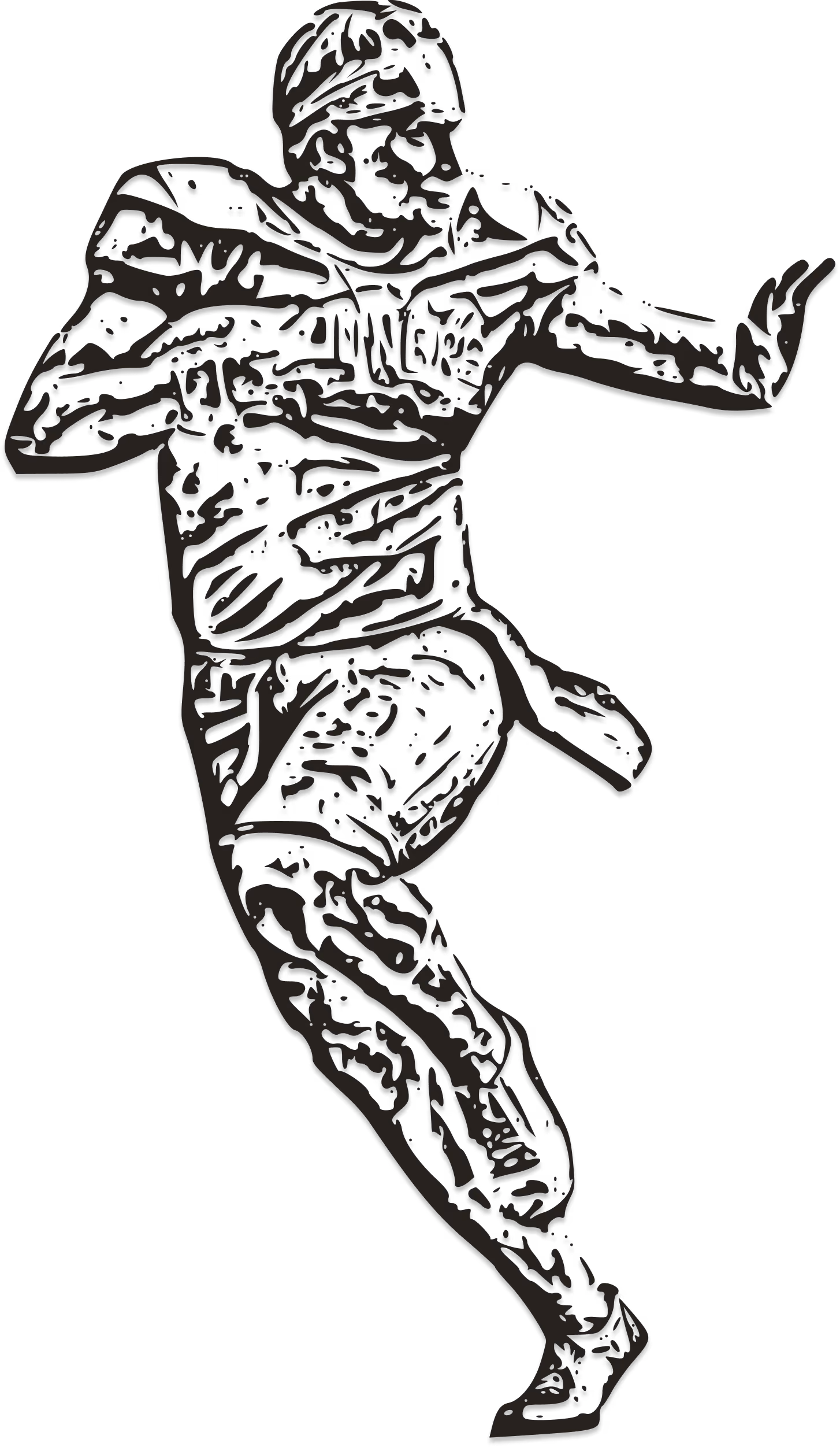 Black line illustration of a football player running with the ball in one arm.