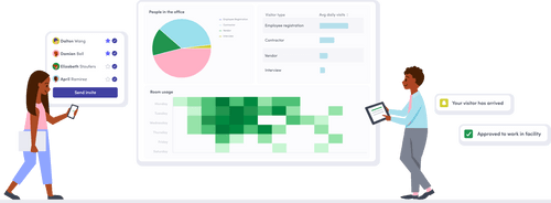 Two women are looking at a screen with graphs and data.