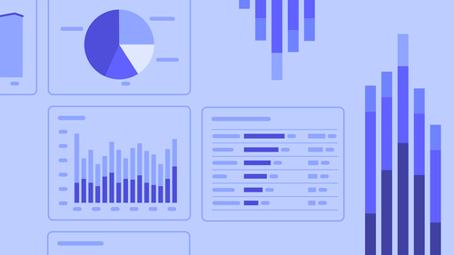 Dashboard with various data visualizations including pie chart, stacked bar charts, and a tabular report on a blue background.