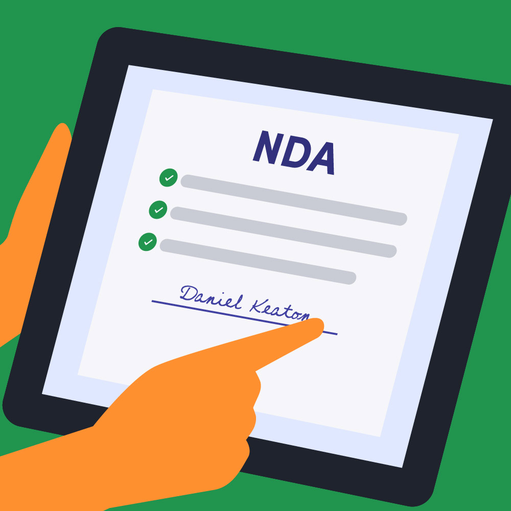 Illustration of a person signing an NDA agreement.