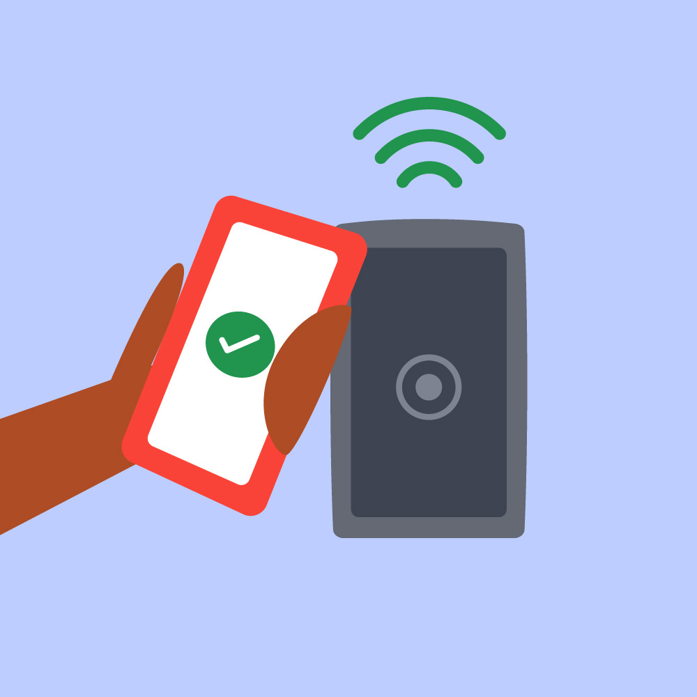 Illustration of a person holding a mobile phone next to an RFID reader