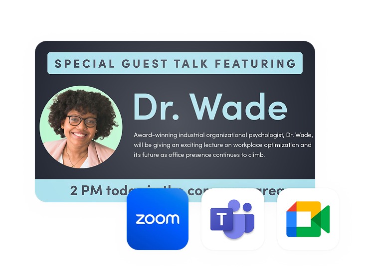 Example of a conference room screen showing an upcoming speaker