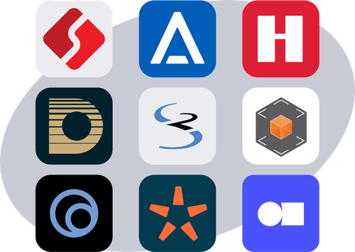 Grid of nine colorful technology or software service logos on rounded square backgrounds.