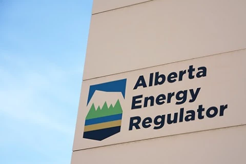 A sign on the side of a building that says Alberta Energy Regulator