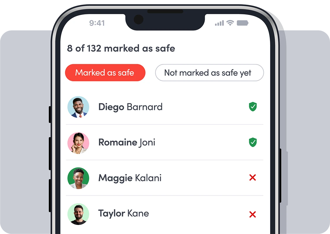 Illustration of emergency notification responses showing who has been marked as safe and who has yet to respond.