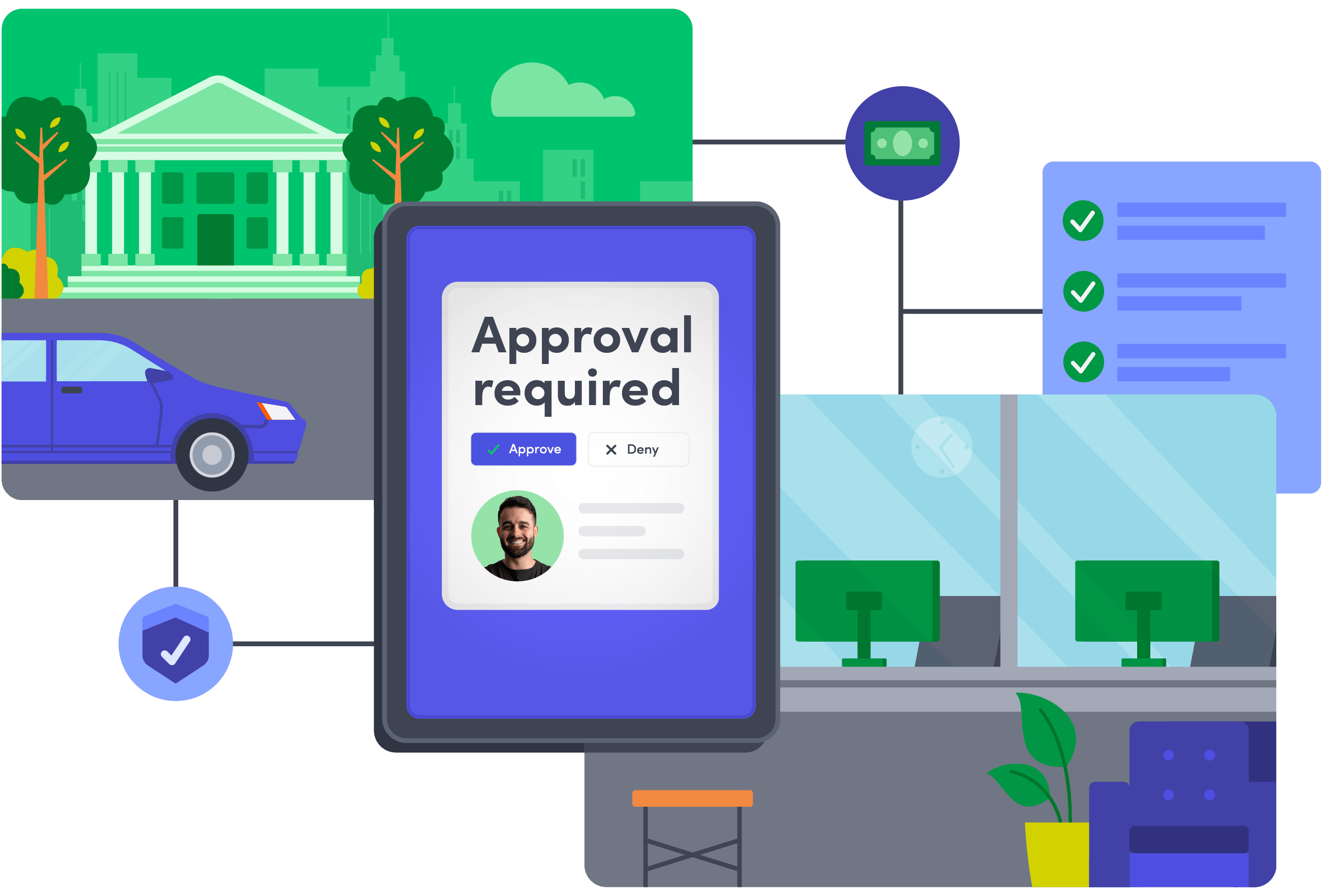 Illustration of approval process with a tablet showing 'Approval required' and office, car, and checklist icons.