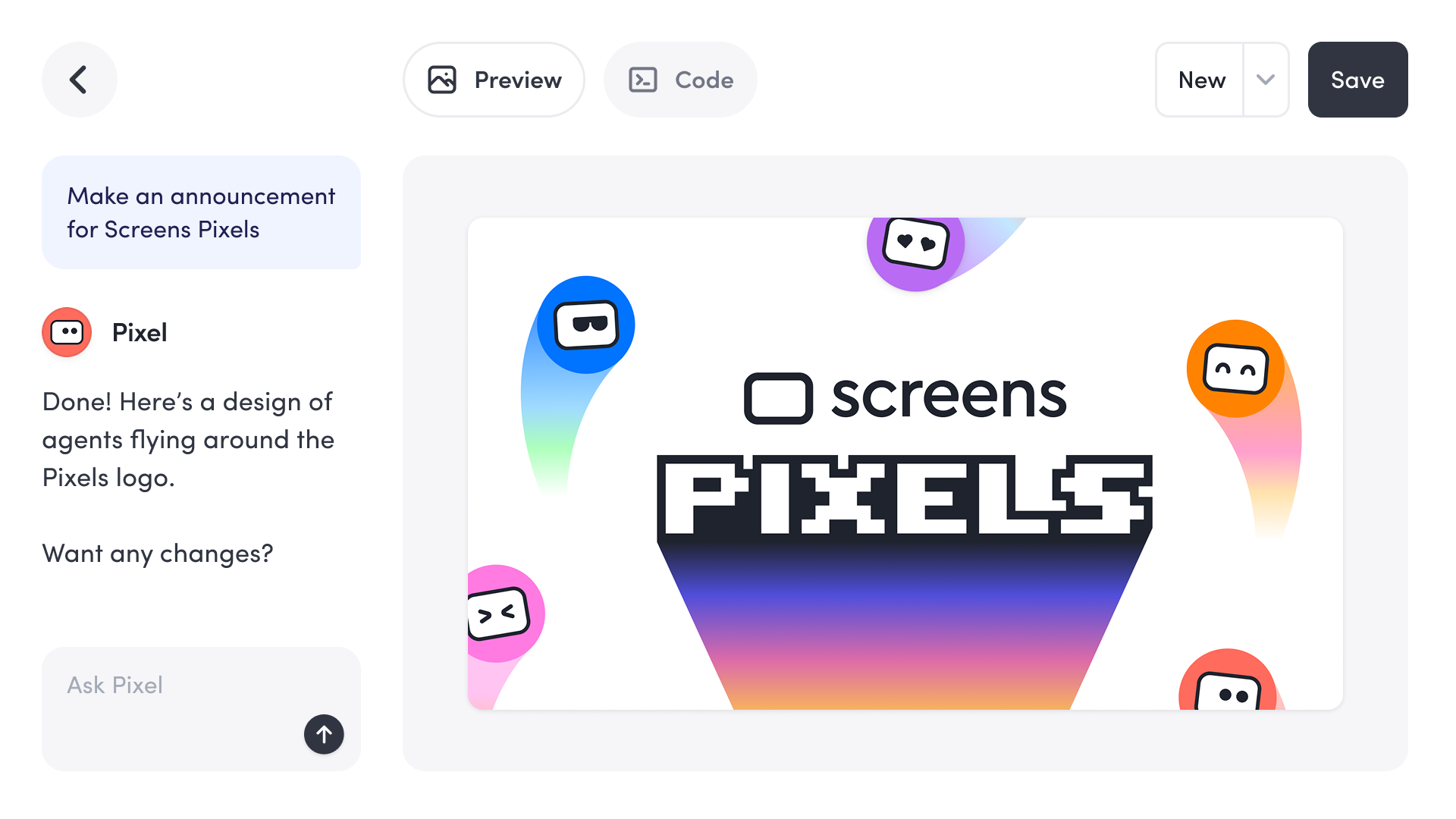 Colorful animated agents with different facial expressions flying around the word Pixels in pixel art style.