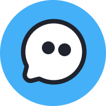 White speech bubble with two black dots inside on a blue circular background.