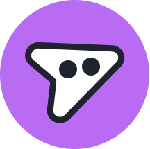 White abstract triangular shape with two black circles inside on a purple circular background.