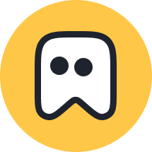 White ghost icon with black eyes on a yellow circular background.
