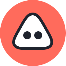 White triangle with rounded edges and two black dots inside on a red-orange circular background.