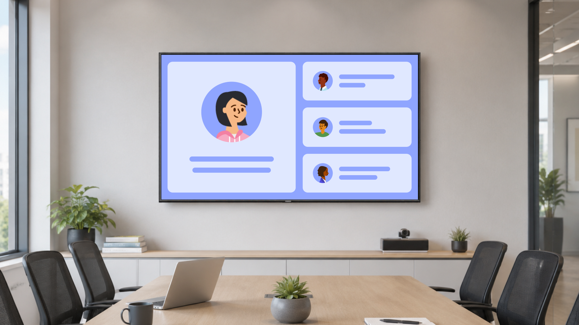 Modern meeting room with screen displaying cartoon profiles and messages for employee communication.