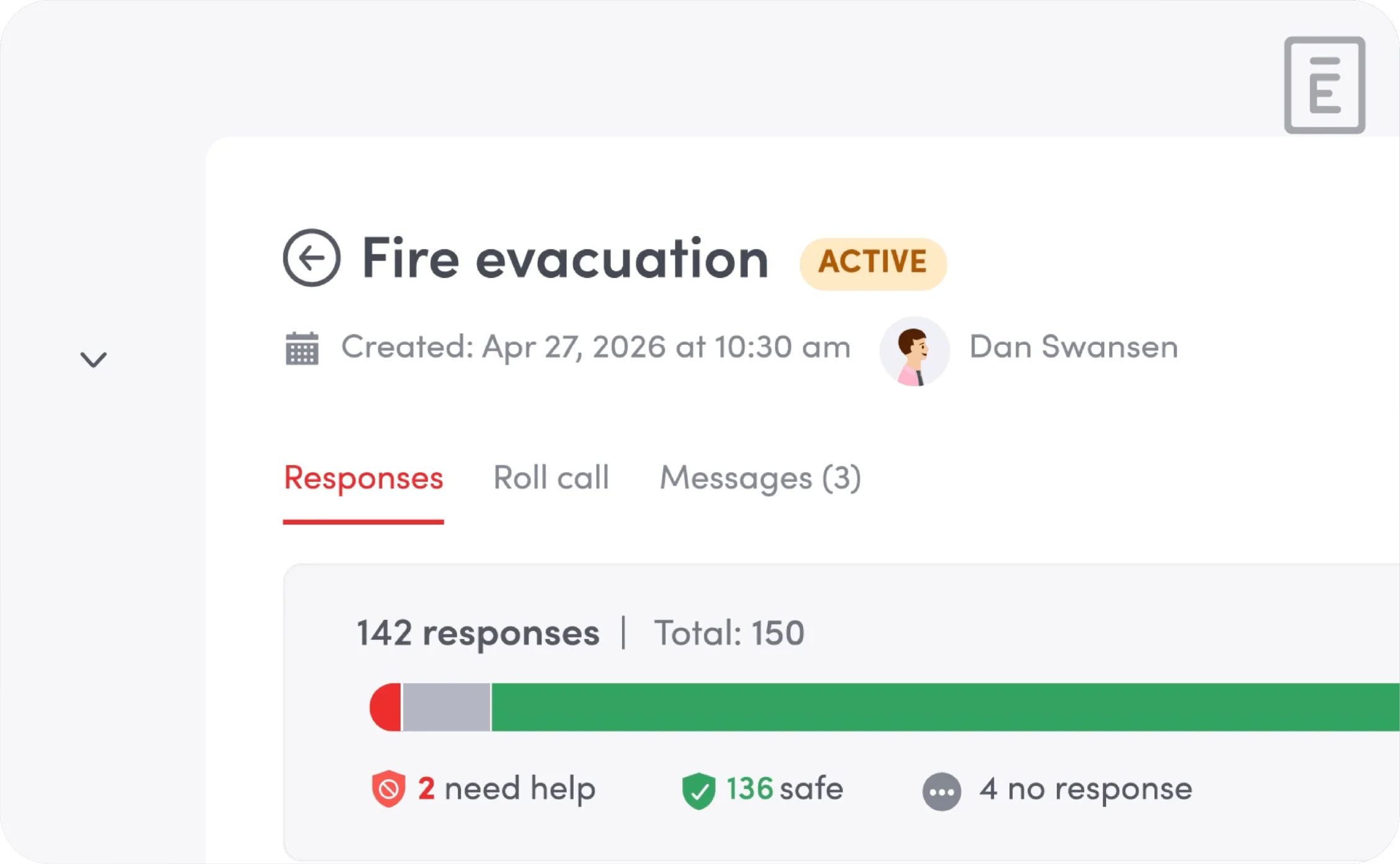 The Envoy dashboard showing an active emergency alert for a fire evacuation. In it we see that 2 people have responded 'Need help' and 136 have responded 'Safe'