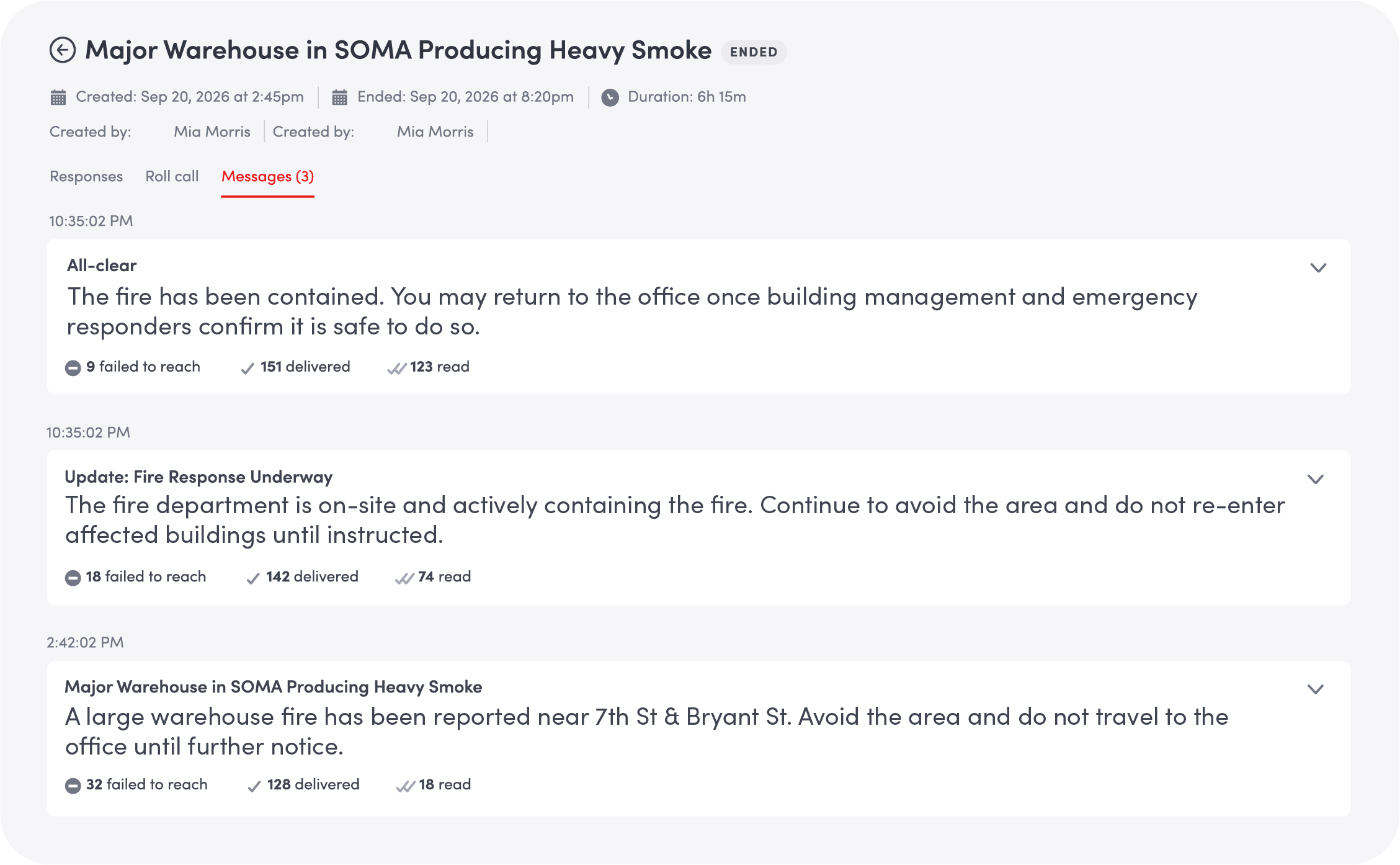 Interface showing messages about a major warehouse fire in SOMA with updates from initial report to all-clear.