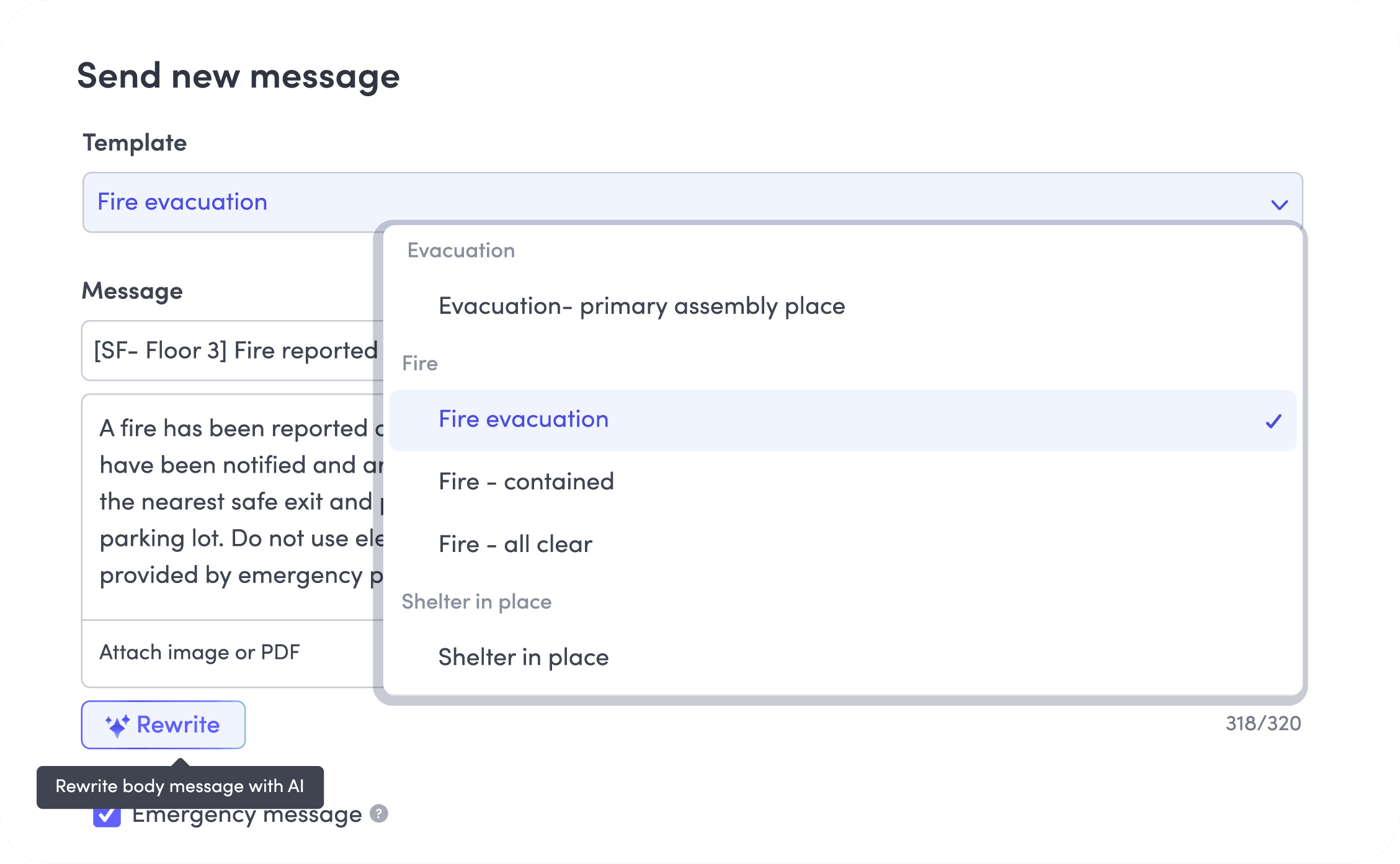 Dropdown menu showing message templates for fire evacuation, fire contained, fire all clear, shelter in place.