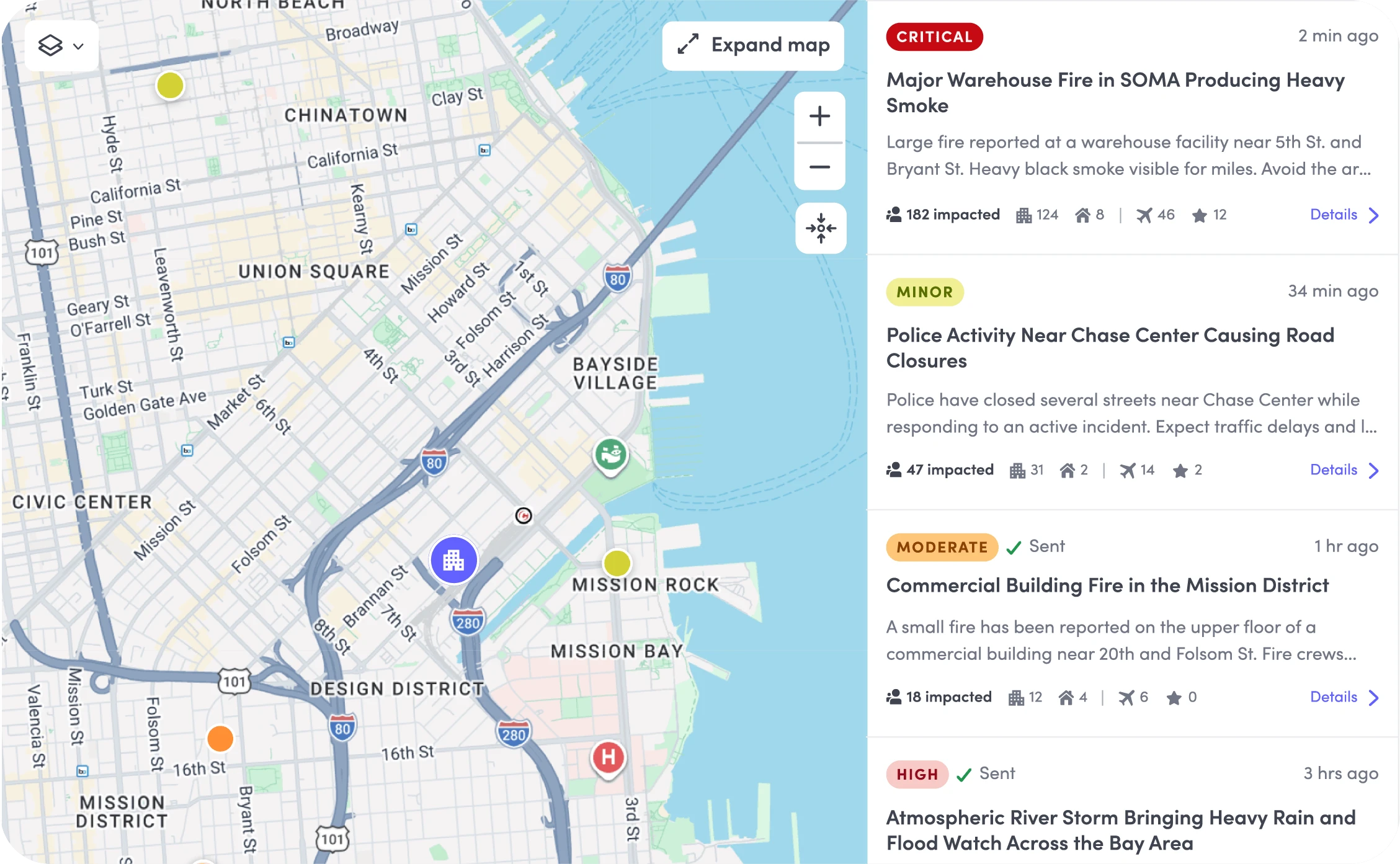 Map of San Francisco showing areas with alerts for fire, police activity, and weather with impact details on the right.