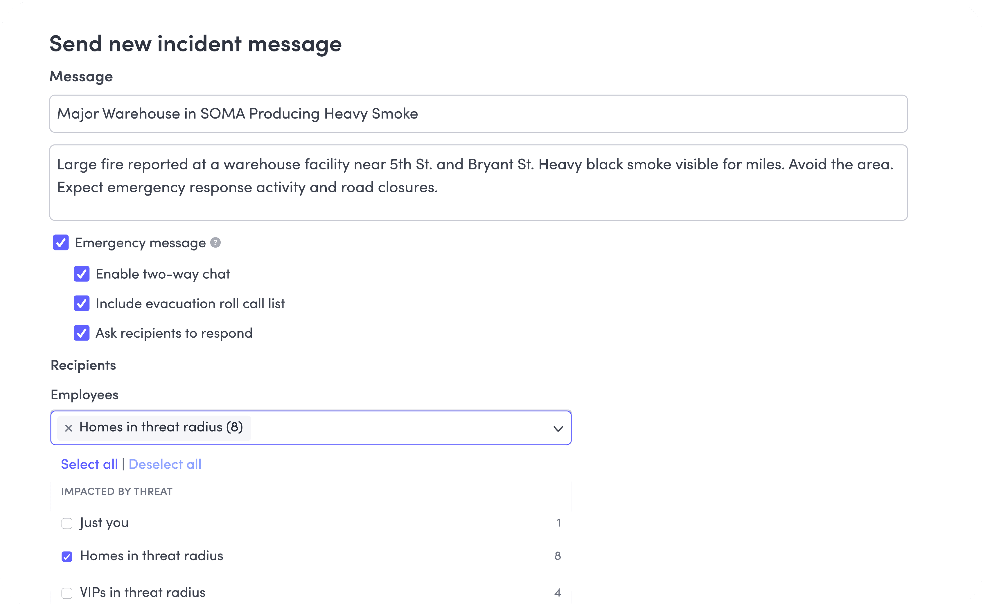 Form to send an emergency incident message about warehouse fire with recipient and response options.