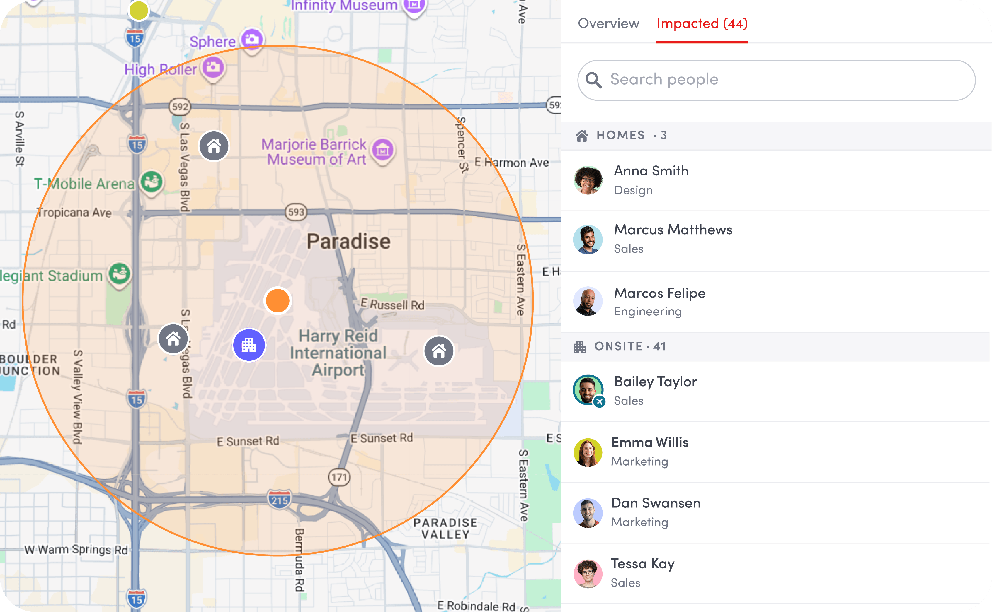 Map showing Paradise and Harry Reid Airport marked with a radius overlay and a list of 44 impacted people.
